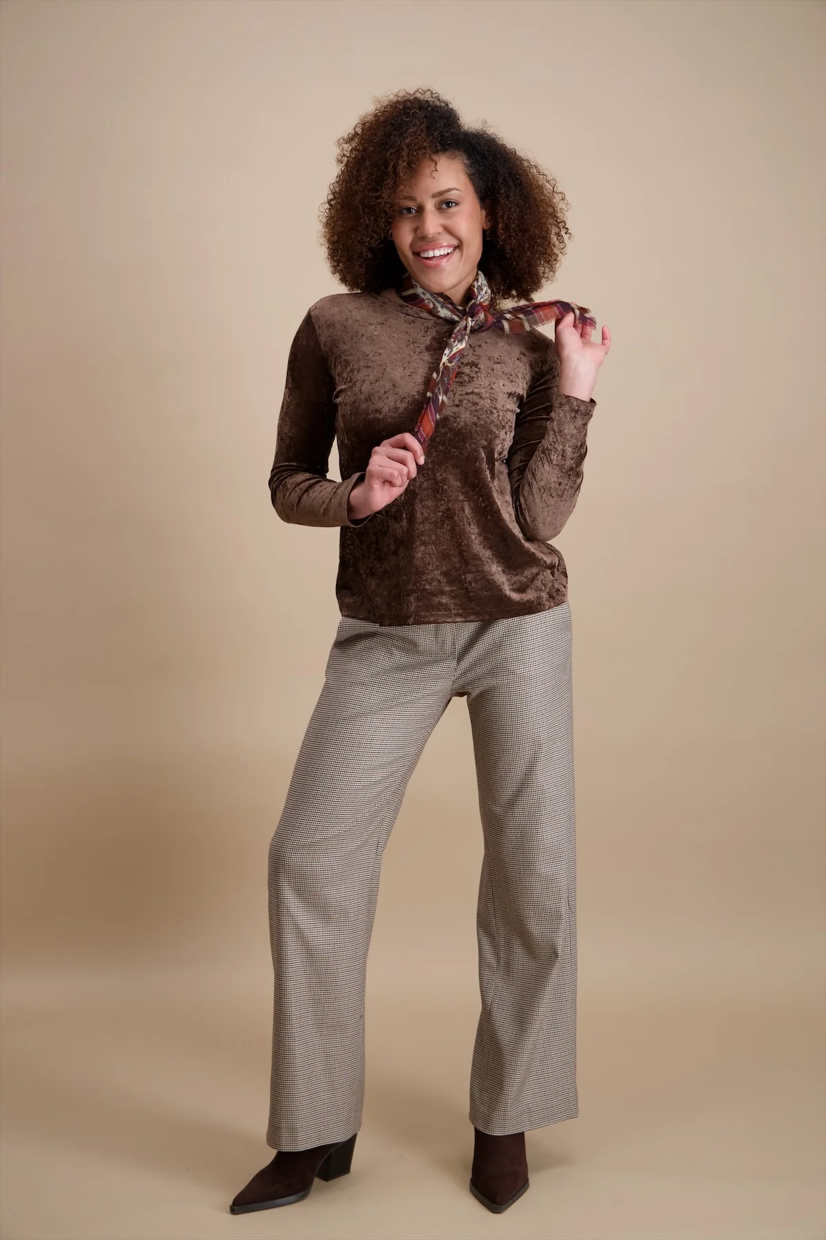 Velvet Long Sleeve Top - Warm Brown