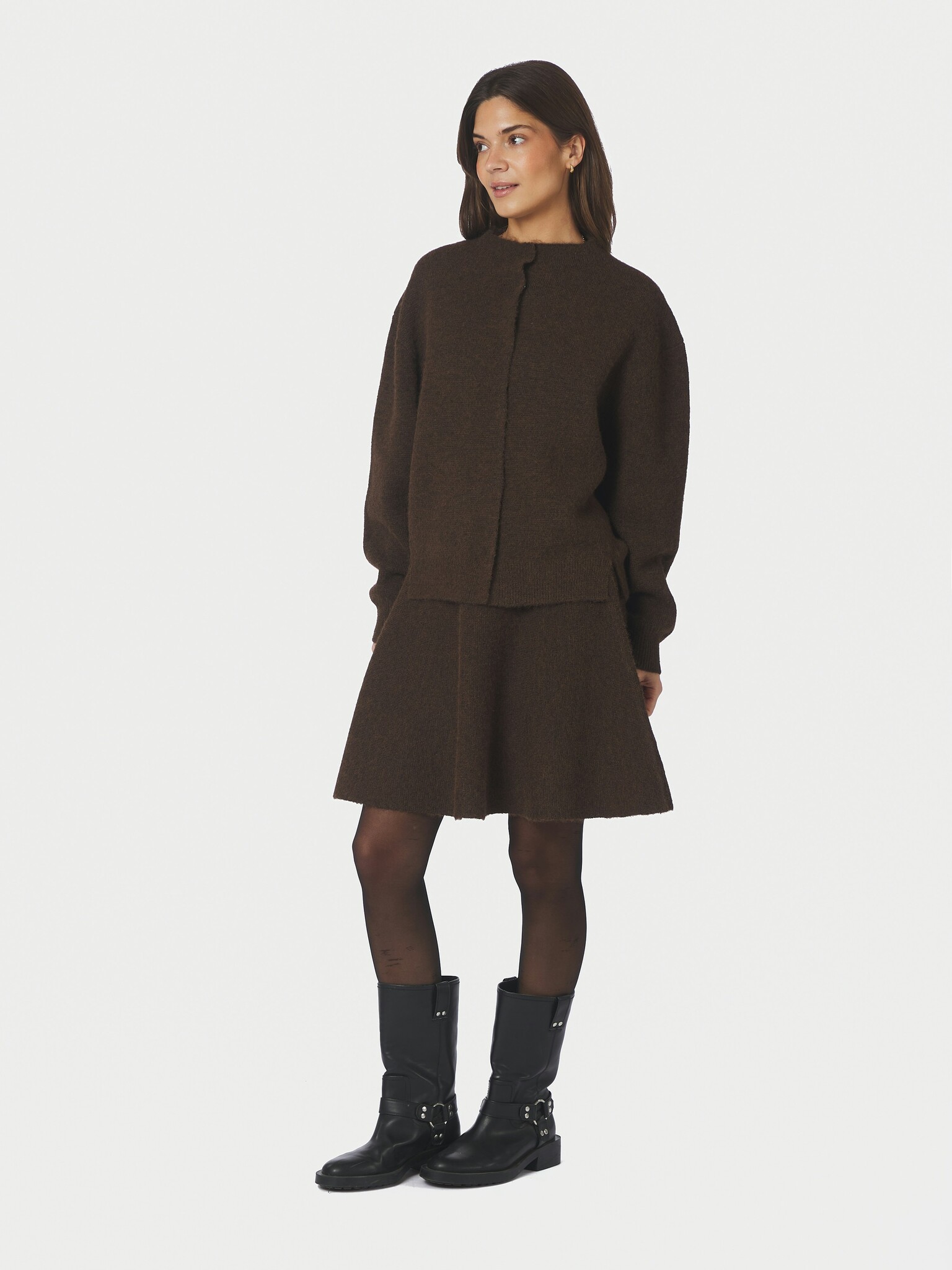 Dione Fluffy Knit Cardigan - Brown Melange