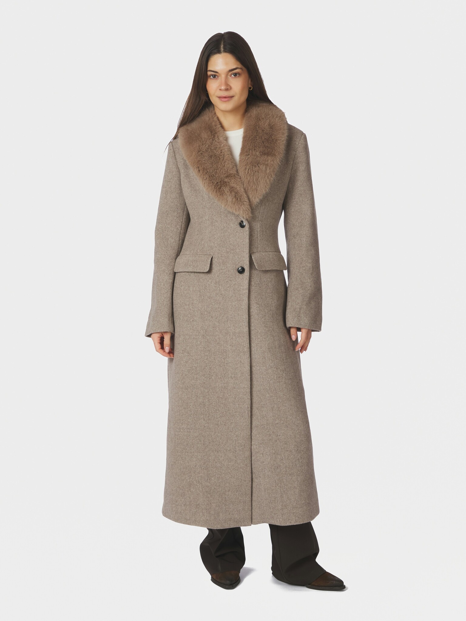 Corina Herringbone Twill Coat - Beige Melange