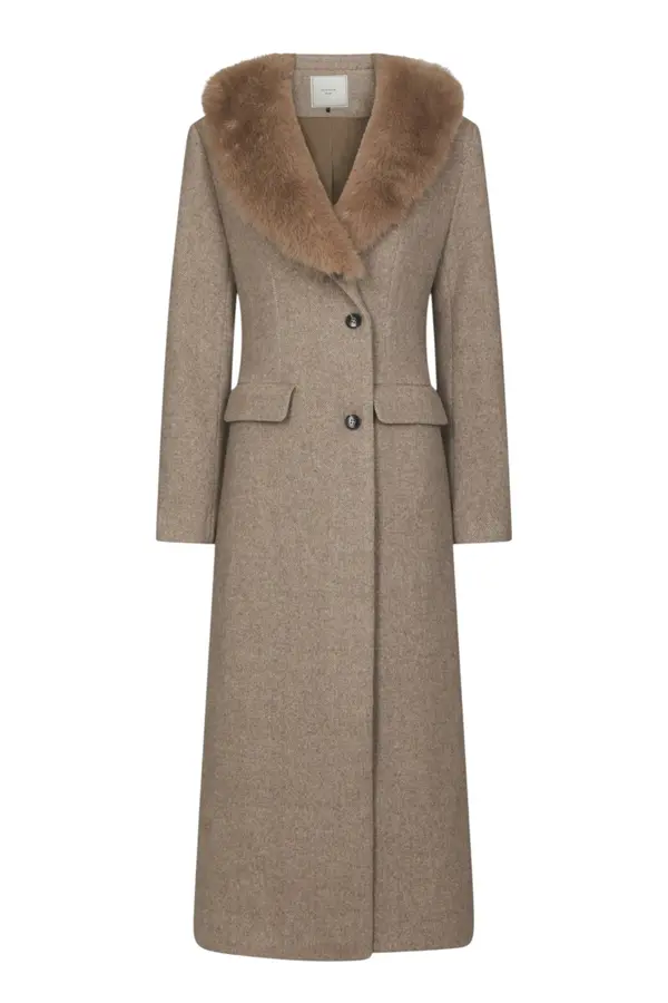 Corina Herringbone Twill Coat - Beige Melange
