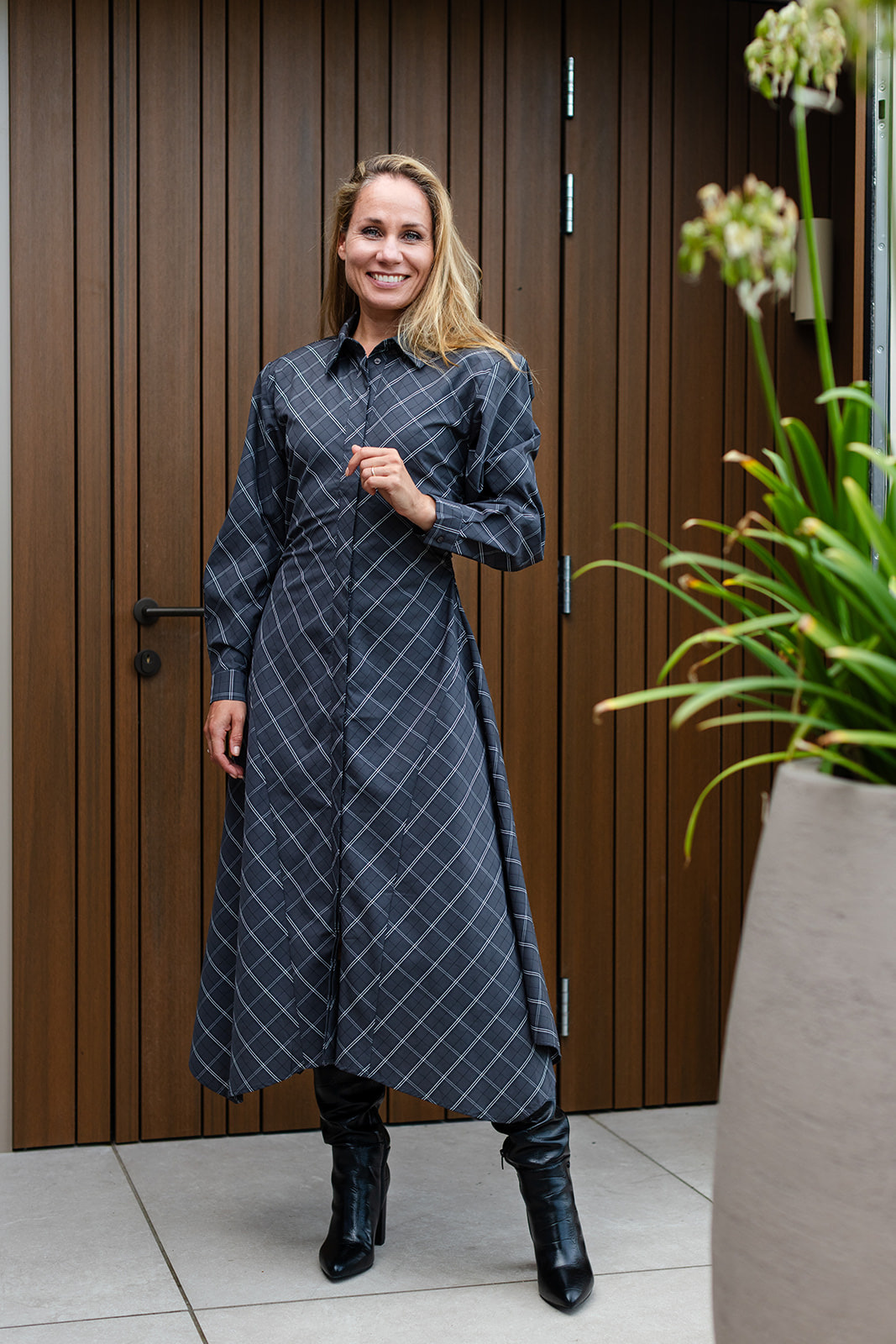 Aurora Dress - Grey Pinstripe Black