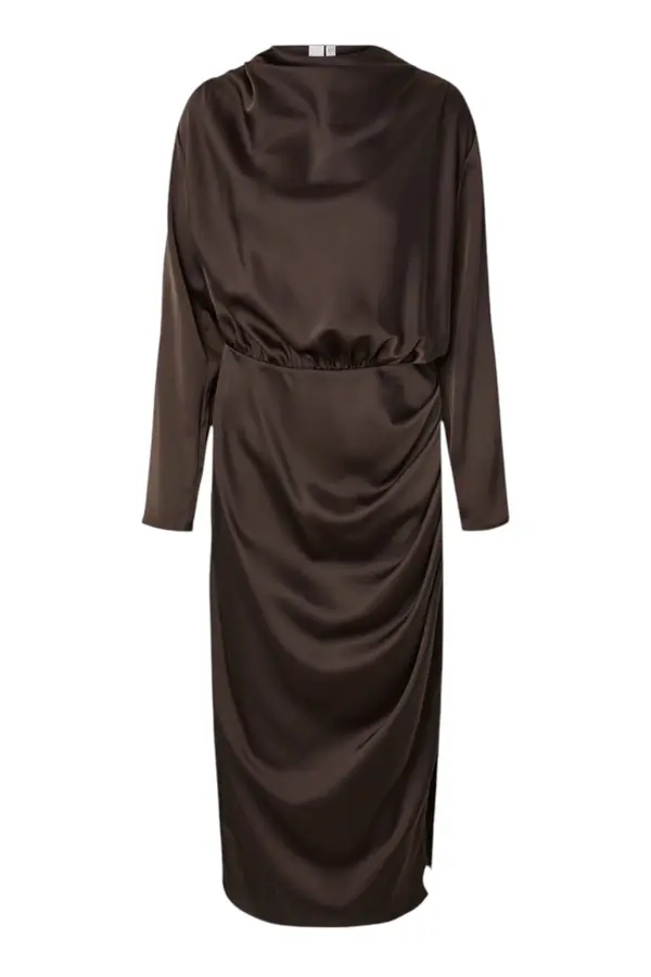 Pella Ls Funnel Neck Long Dress S - Chocolate Brown