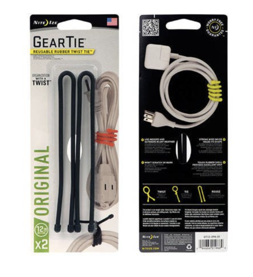 Gear Tie Reusable Rubber Twist Tie™ 12 in. - 2 Pack - (Black)