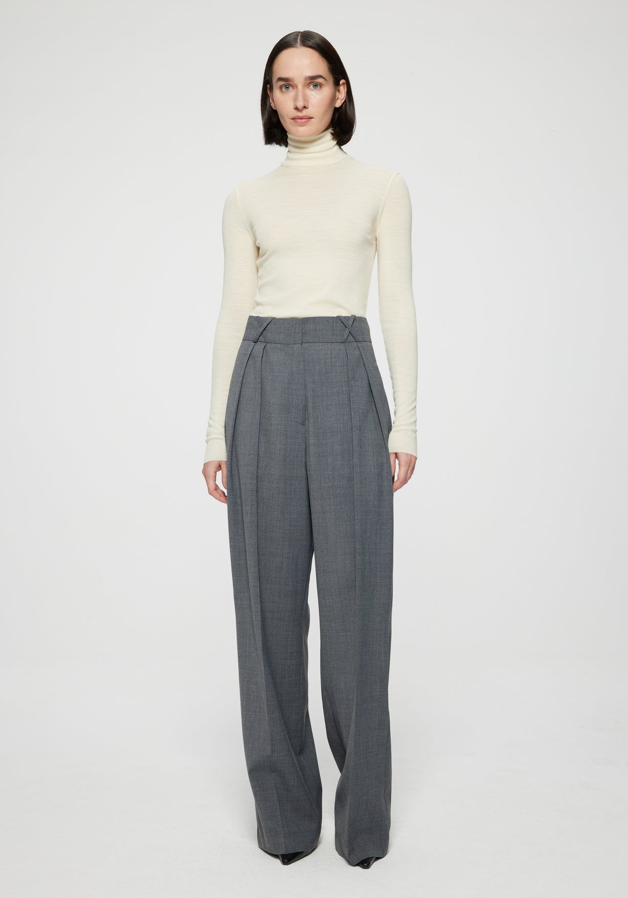 Women's high-waisted pants in gray melange wool blend