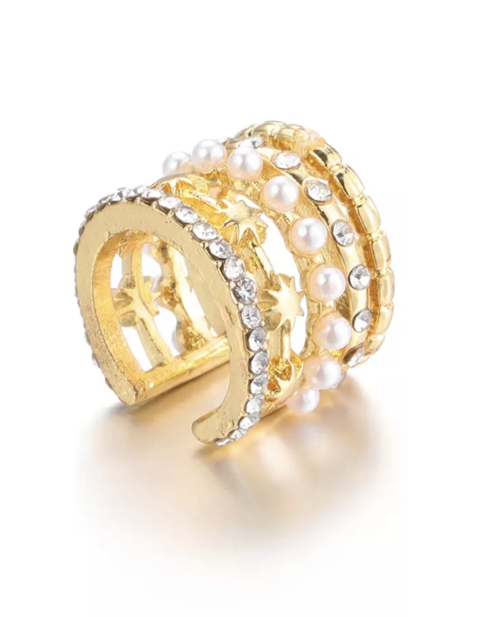 Oorbel manchet zirkonia en parels multi ring