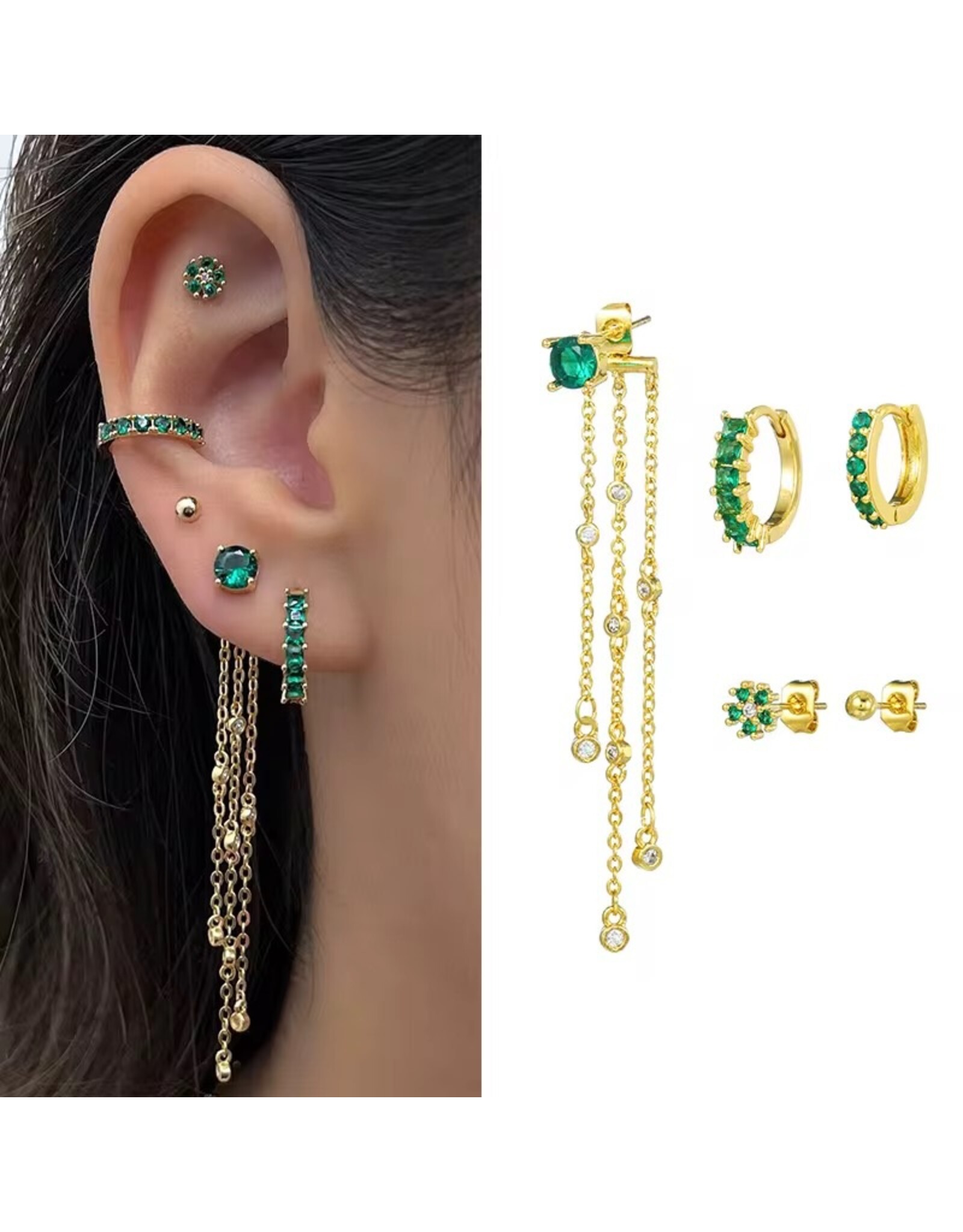 Sparkling green  zirkonia oorbellen set