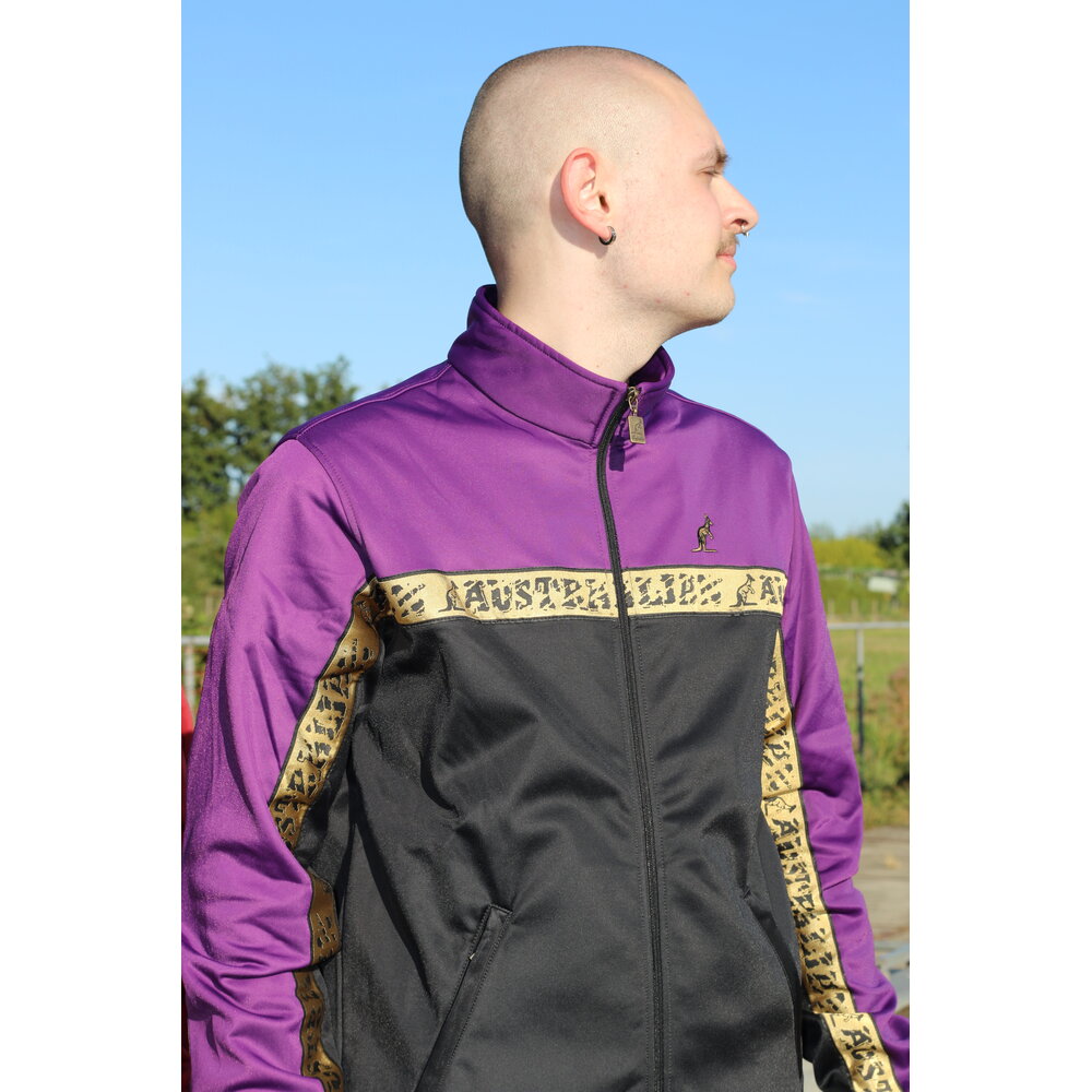 Australian Australian Acetaat Trainingspak met gouden bies 'Scratch' (Violet) Australian Australian Acetaat Trainingspak met gouden bies 'Scratch' (Violet)