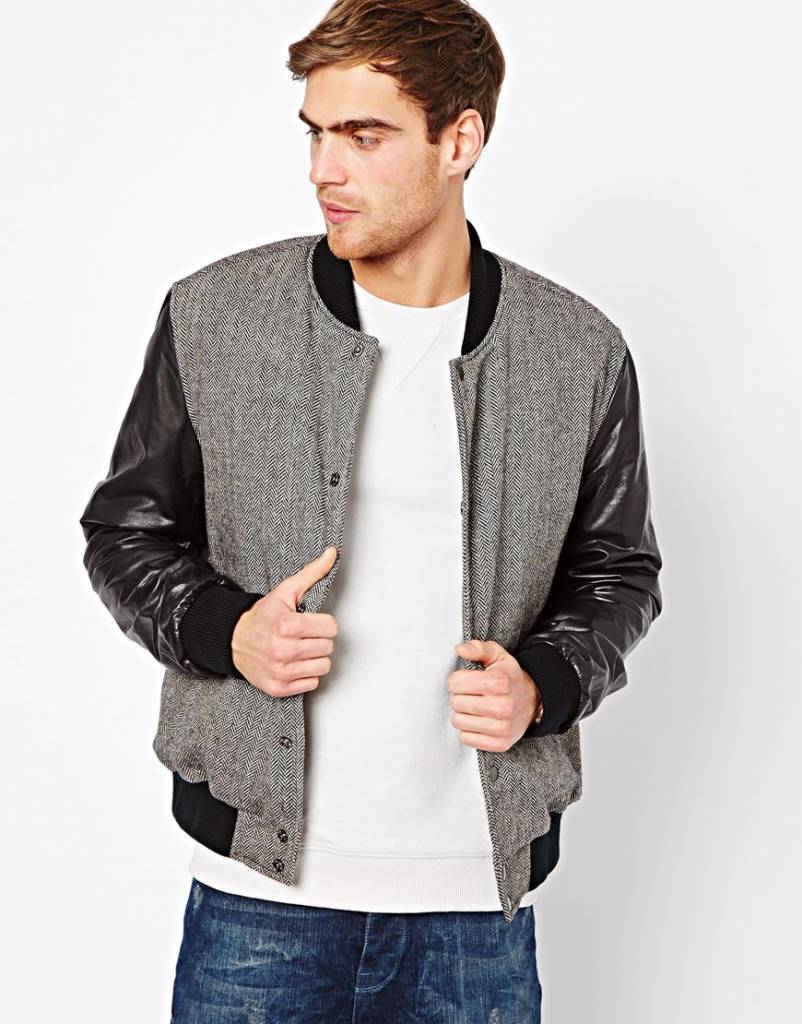 Bomber jacket with leather sleeves