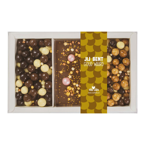Cadeaupakket | Gouden choco bar, crunchy choco's & crunchy choco's cappuccino deluxe