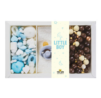 Cadeaupakket | Baby blauw (baby snoepmix, speentje en crunchy choco's) Deluxe