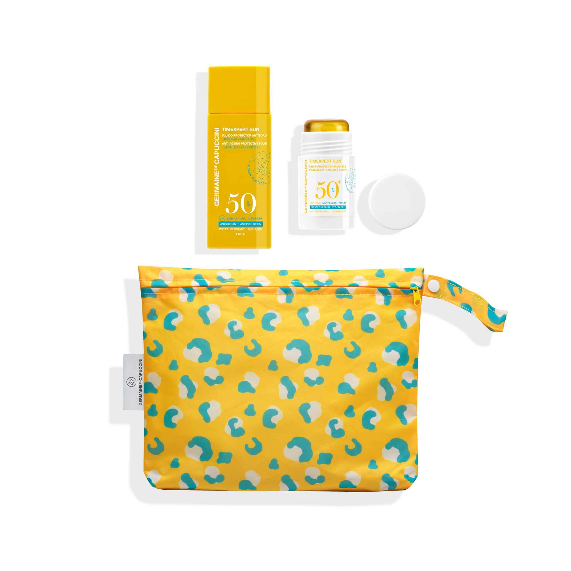 Timexpert Sun Promotion | Fluide Minéral Protecteur Anti-Âge SPF50 & Sun Stick dans une trousse de toilette