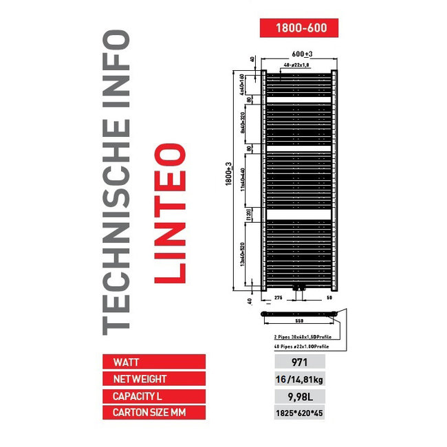 Radiatherm Linteo Sèches serviettes 1800x600 - Blanc mat