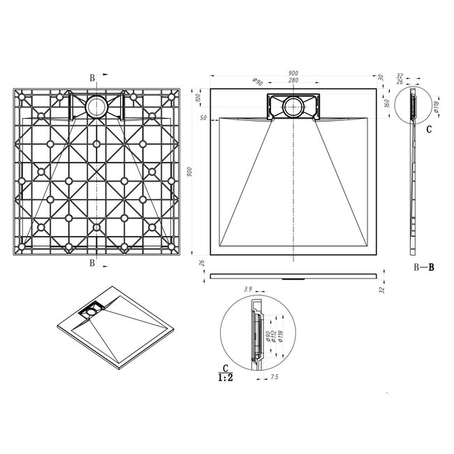 Lavinno SMC bac de douche  90x90 cm  - Blanc mat