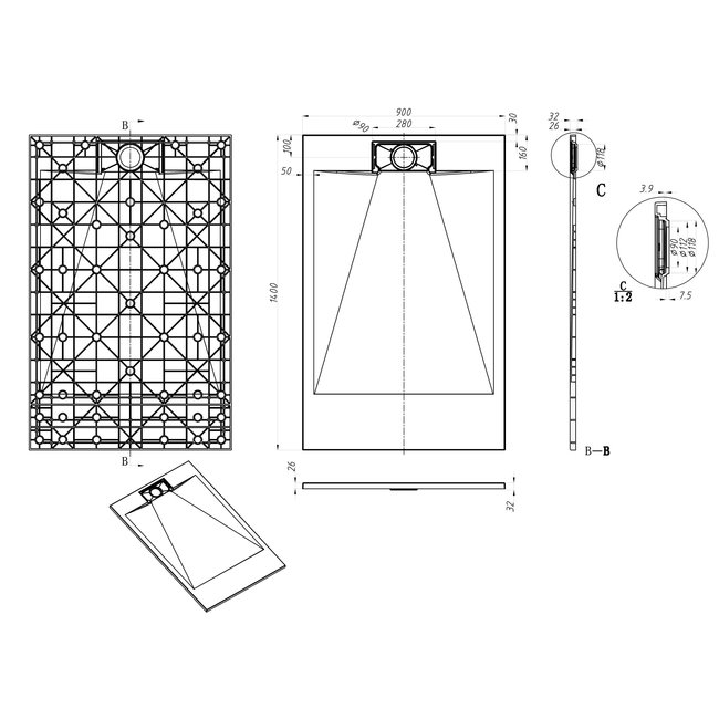 Lavinno SMC douchebak 90x140 cm - Mat zwart
