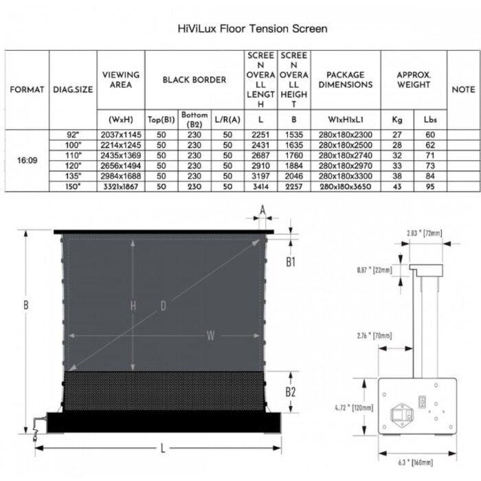 HiViLux HiViLux Floor Up ALR UST Tab Tension 92" 203x114cm (16:9) Elektrisch Projectiescherm