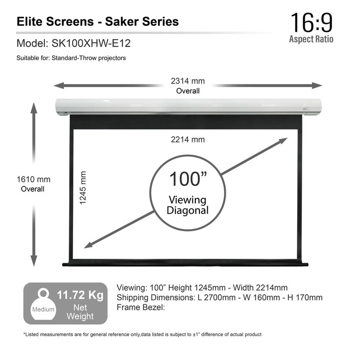 Elite Screens Elite Screens Saker Premium 110 inch Elektrisch Projectiescherm 16:9 (244 x 137 cm / Black drop 30 cm) – MaxWhite® Fiberglass Doek, Motorisch Beamerscherm voor Normal Throw Projectoren (Model SK110XHW-E12)