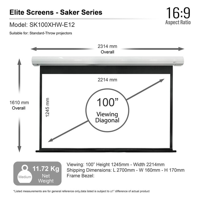 Elite Screens Elite Screens Saker Premium 92 inch Elektrisch Projectiescherm 16:9 (203 x 115 cm / Black drop 60 cm) – MaxWhite® Fiberglass Doek, Motorisch Beamerscherm met Witte Behuizing voor Normal Throw Projectoren (Model SK92XHW-E24)