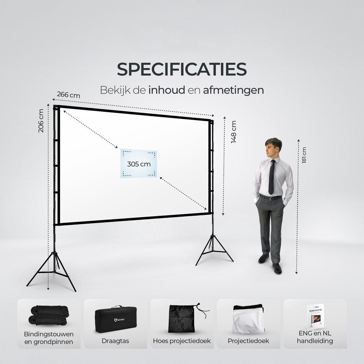 Lunaro Projectiescherm - 120 inch - 266x149cm - Statief - Beamer