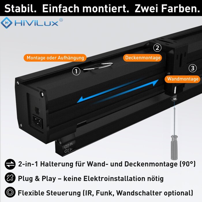 HiViLux HiViLux® Akoestisch  Tension-gemotoriseerd projectiescherm – HiViWhite  SD Geweven – Zwart -  135" 16:9 HD   299 x 168 cm