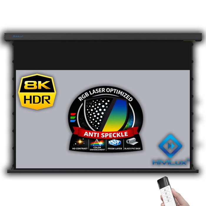 HiViLux HiViLux® RGB-Triplelaser Tension-gemotoriseerd projectiescherm – HiViGrey  3L - Wit -133" 21:9  311 x 133 cm