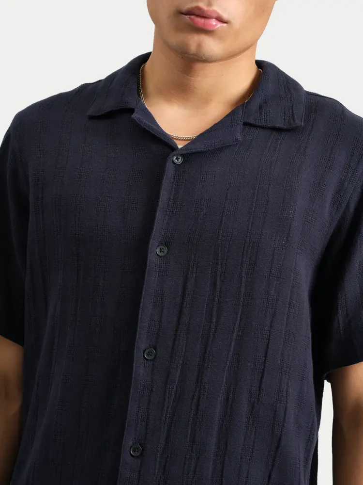 Wax London Didcot Shirt Open Weave Grid Navy
