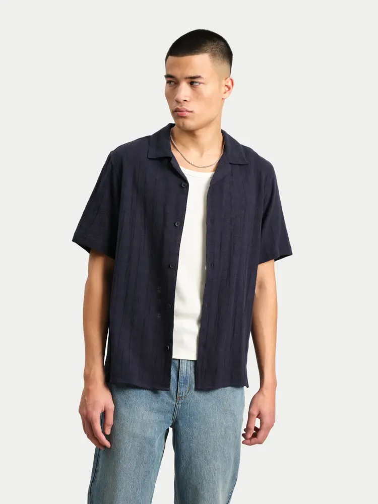 Wax London Didcot Shirt Open Weave Grid Navy