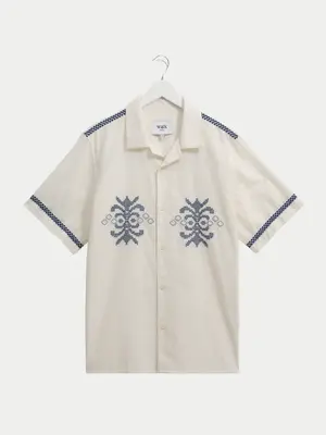 Wax London Didcot Shirt Crest Motif Ecru Blue