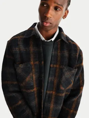 Wax London Whiting Overshirt Drawn Check Teal Orange