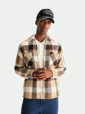 Wax London Whiting Overshirt Pike Check Natural Brown