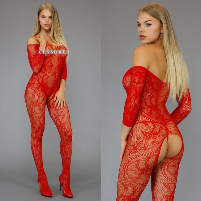 Roter Netz-Bodystocking mit Motiv