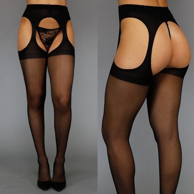 Einfarbige 15 Den Strumpfhose mit Strumpfhalter-Look Schwarz