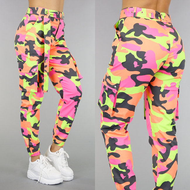 Cargo Jeans Neon Camouflage Hose mit Gürtel