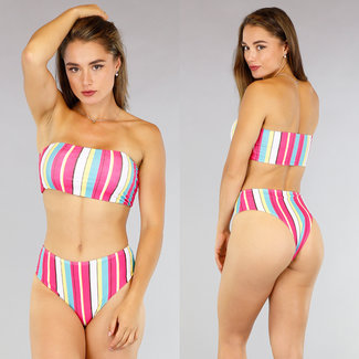 BF2023 Gestreifter Bandeau-Bikini mit hoher Taille