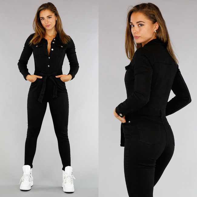 BF2023-1 Schwarzer langärmeliger Stretch-Jeans-Jumpsuit mit Knöpfen