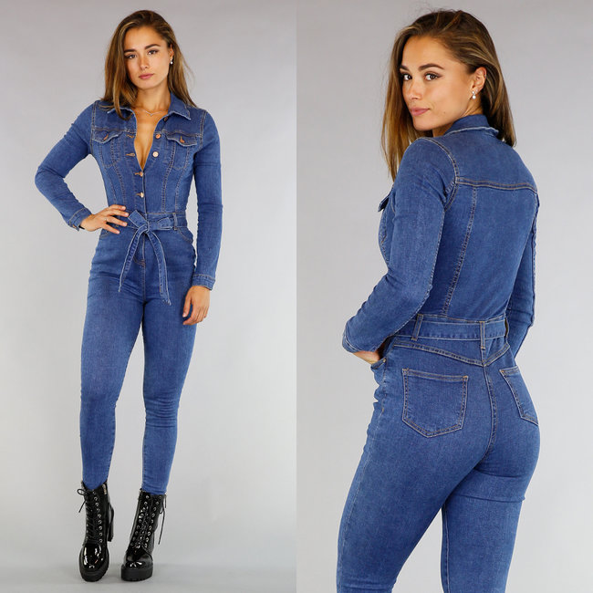 Langärmeliger Stretch-Jeans-Overall mit Knöpfen