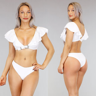 Sexy weißer Rüschen Bikini Buckle