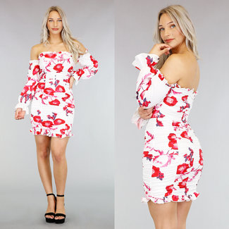 BLACKFRIDAY50 Weiß Off-Shoulder-Kleid mit roten Blumen