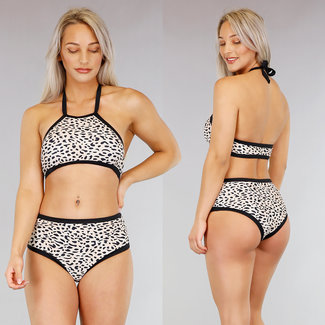Beigefarbener Leopardenhalter-Bikini mit hoher Taille