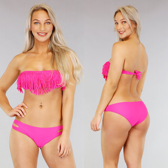 BF2023-1 Fuchsia Bandeau-Bikini mit Fransen