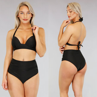 BF2023 Schwarzes Bikini-Oberteil mit hoher Taille und Plissee