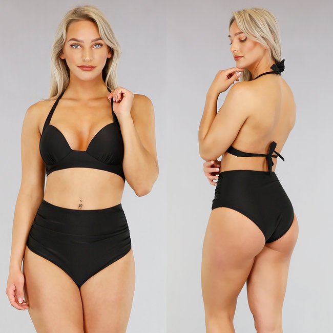 Schwarzes Bikini-Oberteil mit hoher Taille und Plissee