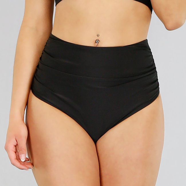 Schwarzes Bikini-Oberteil mit hoher Taille und Plissee