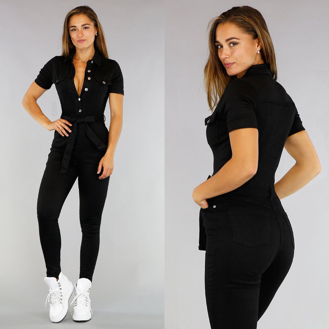 BF2023-1 Schwarzer Stretch Jeans Jumpsuit mit Knöpfen