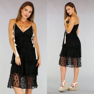 BLACKFRIDAY50 Black Lace Boho Sommer-Kleid Quasten