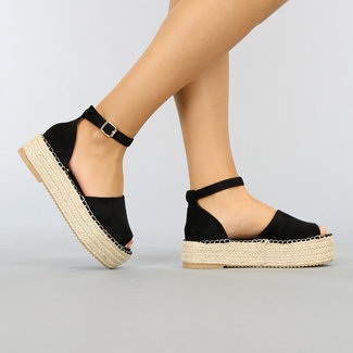 SALE35 Schwarze Espadrilles mit Plateausohle und Peeptoe