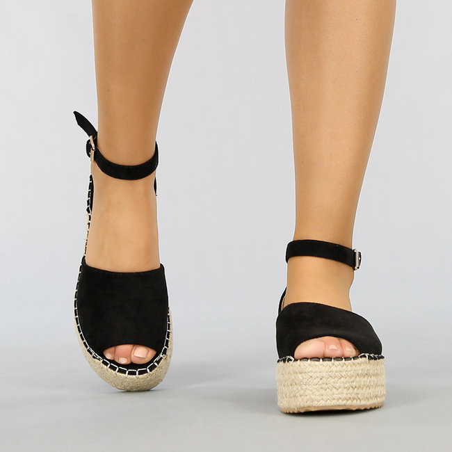 Schwarze Espadrilles mit Plateausohle und Peeptoe