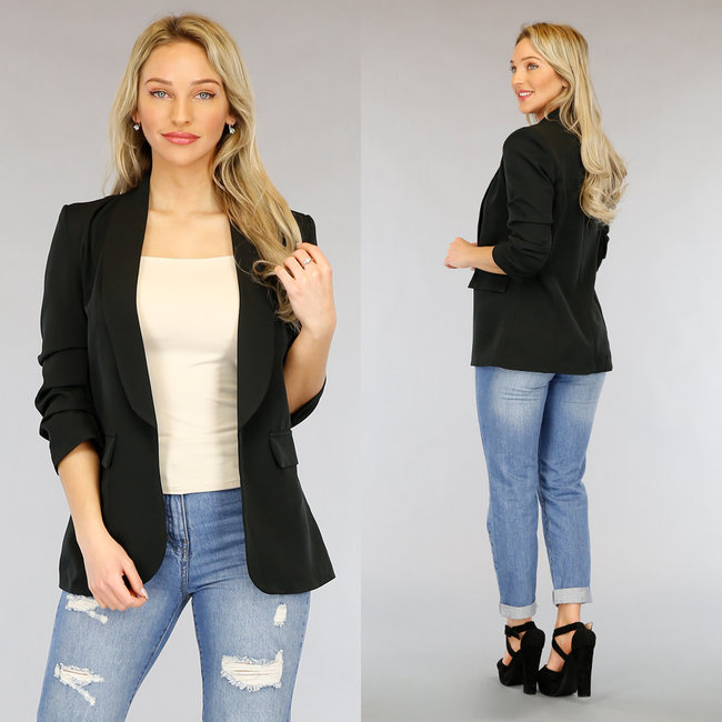 NEW2106 Schwarzer Blazer mit plissierten Dreiviertel-Ärmeln