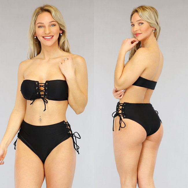 SALE Schwarzer Bandeau-Bikini mit hoher Taille und Schnürung