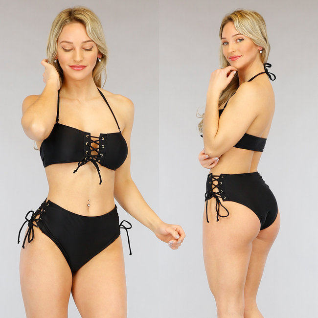 Schwarzer Bandeau-Bikini mit hoher Taille und Schnürung - Oberteil