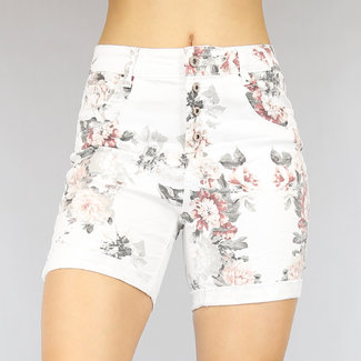 SALE Weiße Stretch-Jeans-Shorts mit Blumendruck
